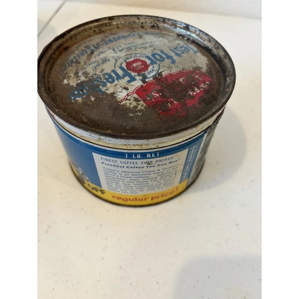 Vtg Chase & Sanborn Coffee Key Wind Tin Can w/Lid One Pound Dome Top